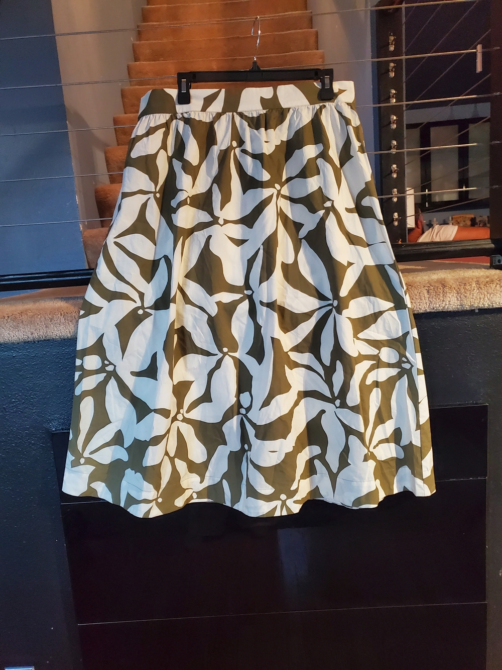 LOFT Olive and White Floral A-Line Midi Skirt